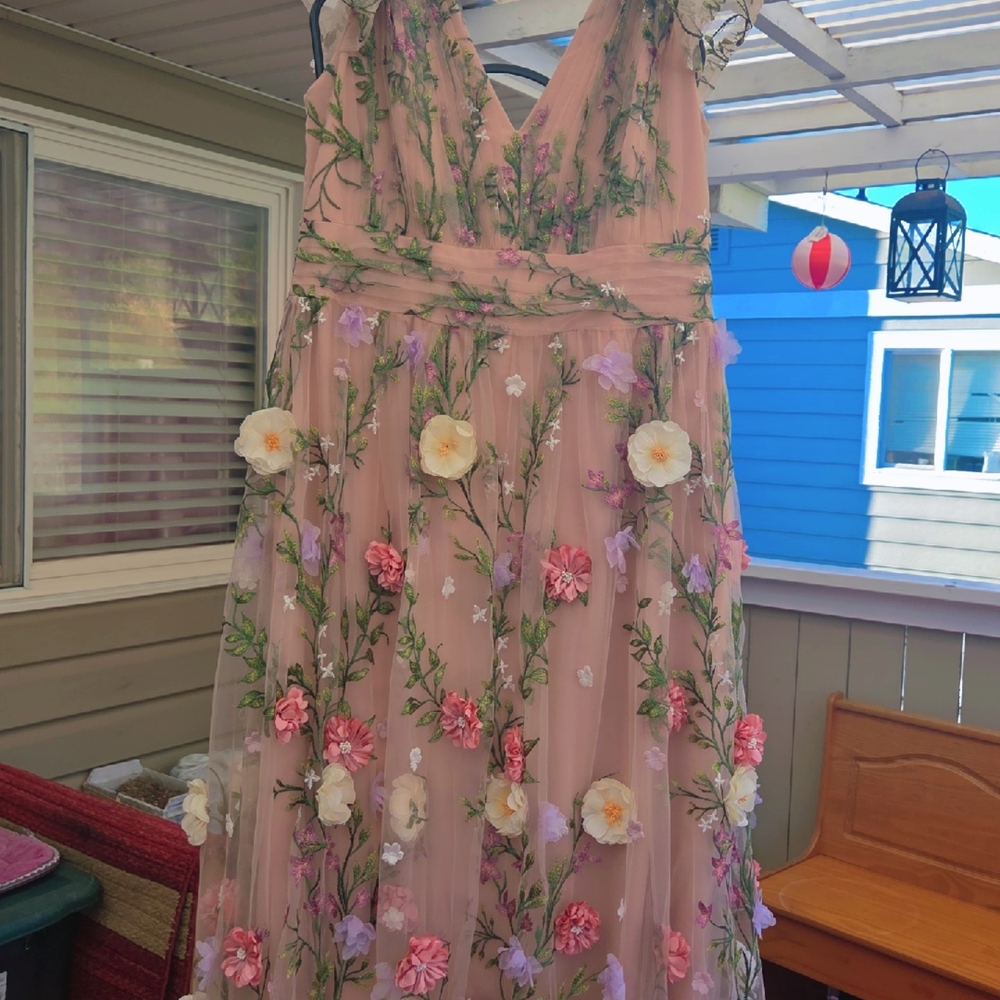 Elegant 3D Floral  Dress - Peach and Multicolor